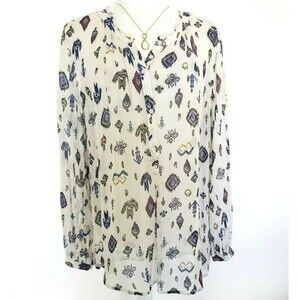 Lucky Brand Women's Aztec Southwestern‎ Semi Sheer Blouse Long Sleeve Size S